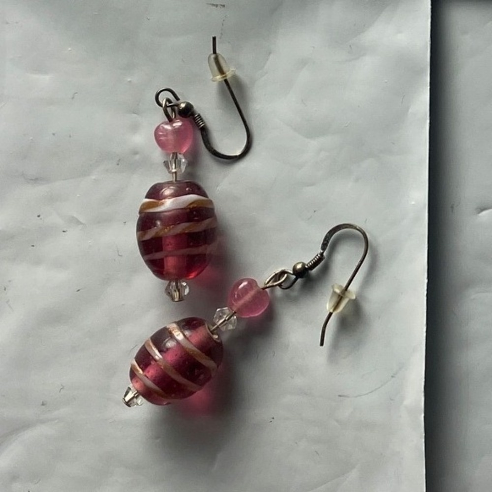 Handmade Beaded Dangle Earrings Pink Stripes Glass Beads Women Accessory